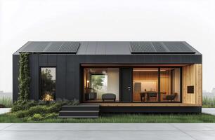 A modern house with a solar panel on the roof photo