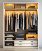 A closet with clothes and drawers photo