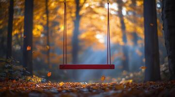 A red swing in the middle of a forest photo