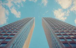Two tall buildings with windows and a sky photo