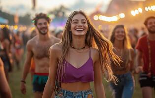 A woman is walking through a crowd at a music festival photo