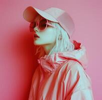 A woman wearing a pink jacket and sunglasses photo