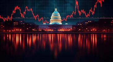 The capitol building is lit up with red and green lines photo