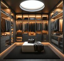 Modern walk in closet with clothes and shoes photo