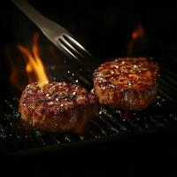 Two steaks are cooking on a grill with a fork photo
