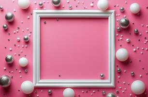 A pink background with silver and white balloons photo