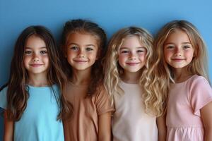 Five little girls standing in front of a blue wall photo