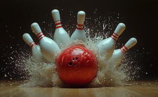 A bowling ball crashing into the pins photo