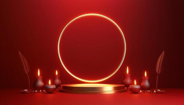 Red background with a round frame and candles photo