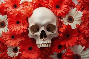 Skull surrounded by flowers on a white background photo