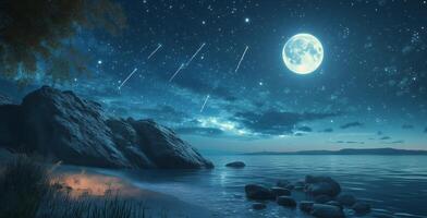 A beautiful night scene with a full moon and stars photo