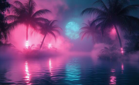A night scene with palm trees and a full moon photo