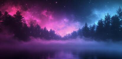A forest with purple and pink lights photo