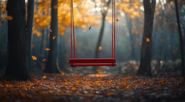A red swing in the middle of a forest photo