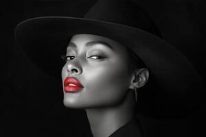 A woman in a black hat and red lipstick photo