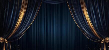 A black and gold curtain with a gold bow photo