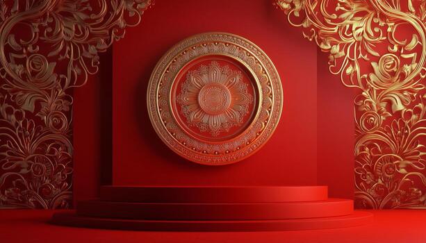 rojo antecedentes con oro ornamento y rojo pared foto