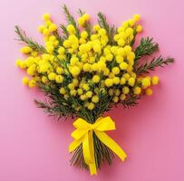 Bouquet of yellow mimosa flowers on pink background photo