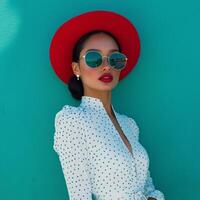 A woman in a polka dot dress and red hat photo