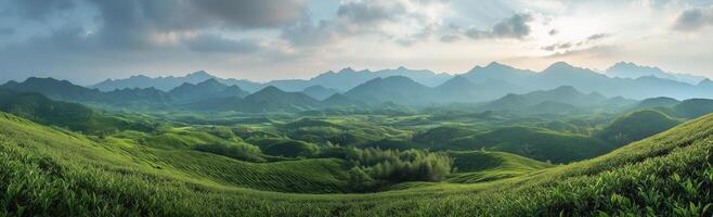 A beautiful landscape with mountains and grass photo