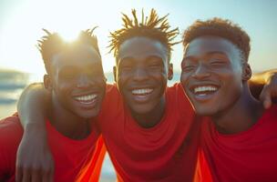 Three young men in red shirts smiling photo
