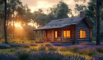 A small log cabin in the woods at sunset photo
