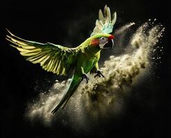 A parrot flying through the air with dust photo