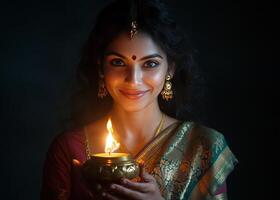 A woman in traditional indian attire holding a lit diya photo
