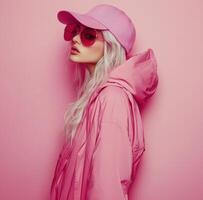 Fashion model in pink jacket and sunglasses on pink background photo