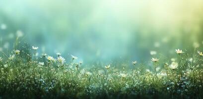 A field of daisies and grasses with a blue sky photo