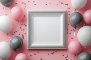 Pink and gray balloons with a frame on a pink background photo