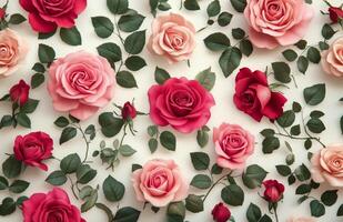 Many pink and red roses are arranged on a white background photo