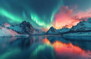 The aurora borealis lights up the sky over mountains photo