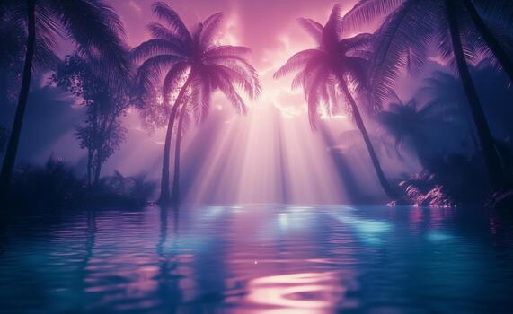 A tropical scene with palm trees and water photo