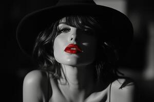 A woman with a hat and red lipstick photo