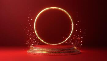 Red and gold podium with a golden circle on it photo