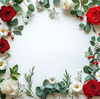 Red roses and white flowers on a white background photo