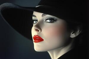 A woman with a black hat and red lips photo