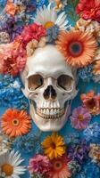 Skull with flowers on a blue background photo