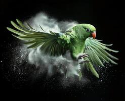 A green parrot flying through the air with white powder photo