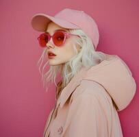 A woman in a pink jacket and sunglasses photo