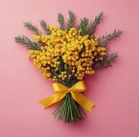Bouquet of mimosa flowers on pink background photo