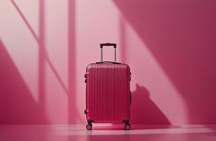 A pink suitcase sitting against a wall photo