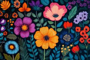 A colorful floral pattern is shown on a black background photo