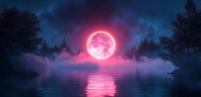 A pink moon is reflected in the water photo
