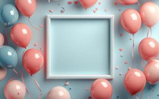 A frame with pink and blue balloons on a blue background photo