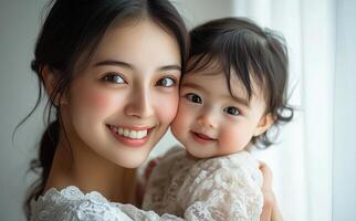A woman holding a baby and smiling photo
