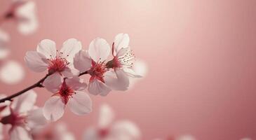 A close up of a cherry blossom on a pink background photo