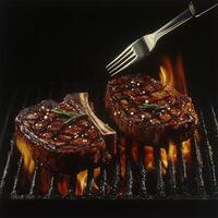 Two steaks on a grill with a fork photo