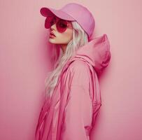 Fashion model in pink jacket and sunglasses on pink background photo